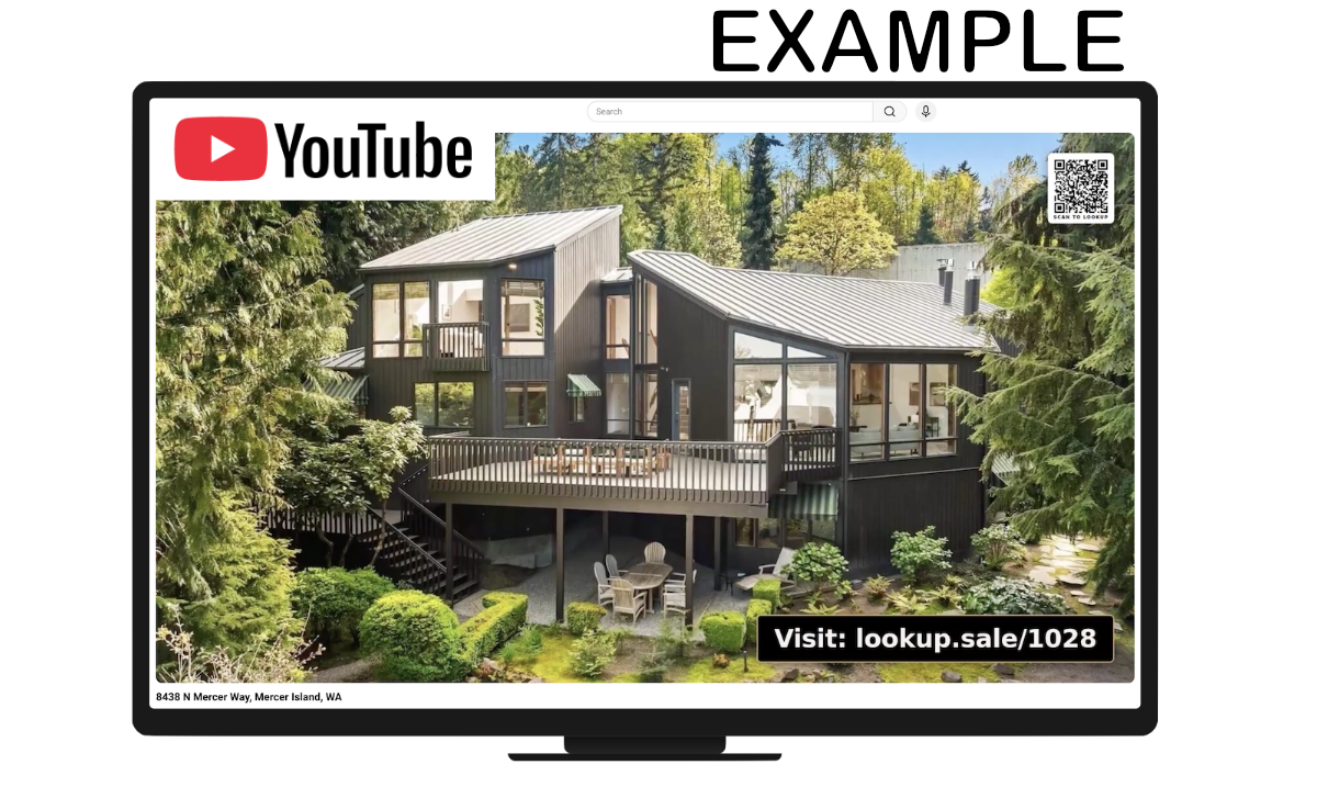 A real-estate property video on YouTube with a 'Visit: lookup.sale/1028' overlay in the bottom-right corner and a small 'SCAN TO LOOKUP' QR code in the top-right corner.